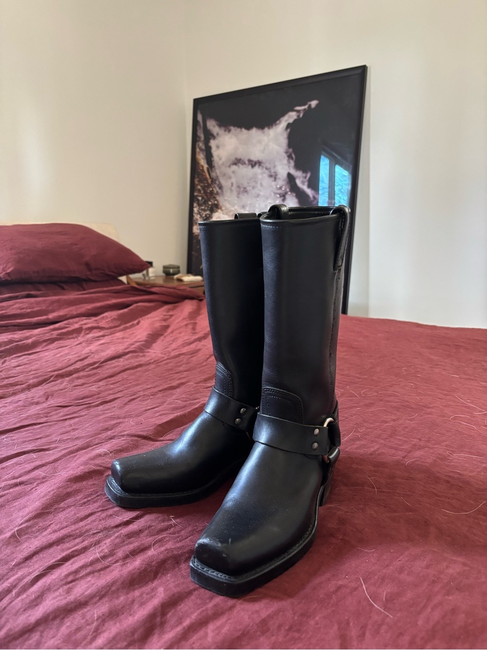 Frye Black Leather Harness Boots